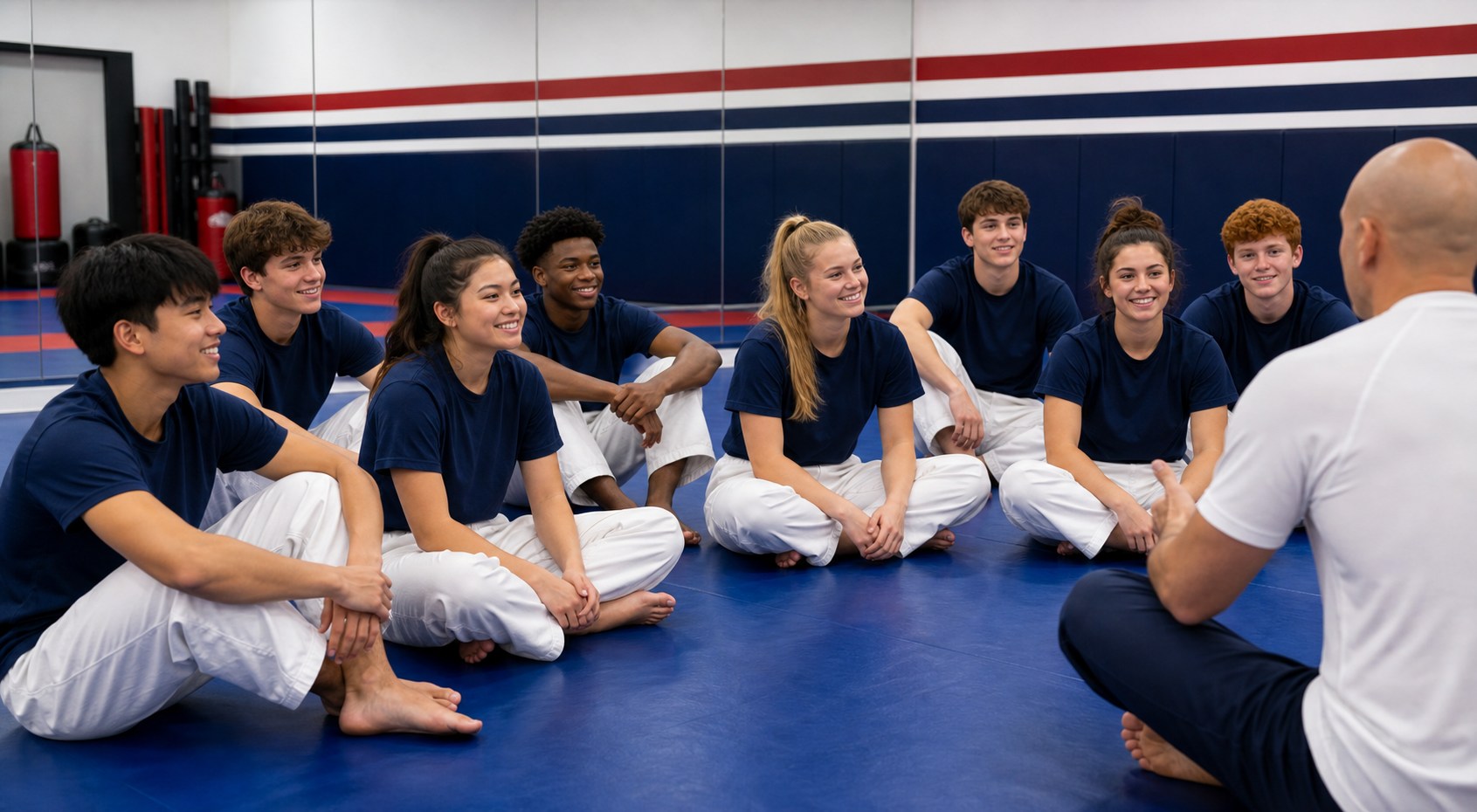 Teen Jiu-Jitsu students in plain blue shirts sitting on mats while a trainer teaches from the back